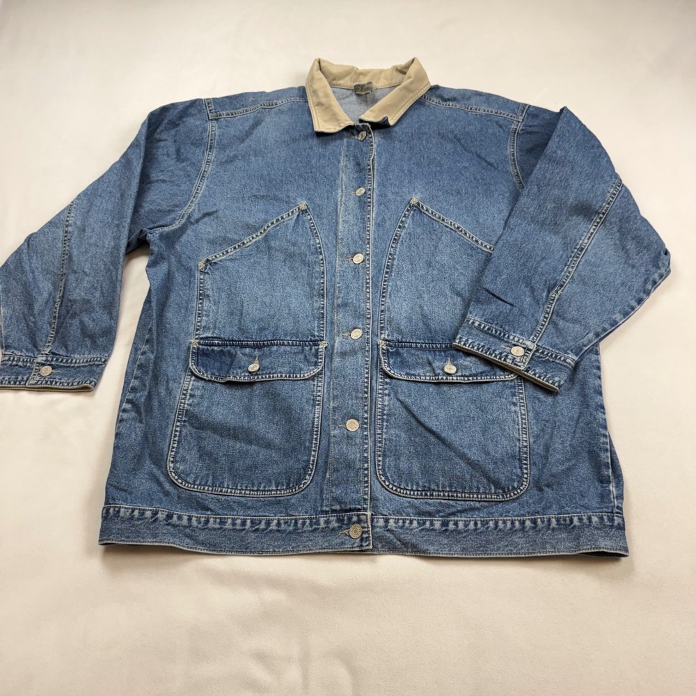 Cenza Vintage Denim Chore Jacket Blue Cotton Corduroy Collar Barn Coat Womens L